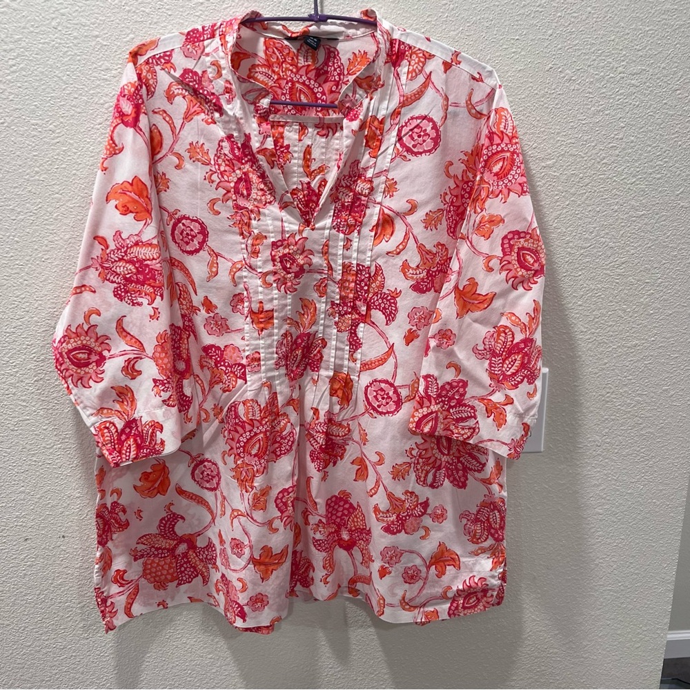 Lands' End 100% Cotton Pink and Orange Floral Top Summer Women’s Size 14-16
